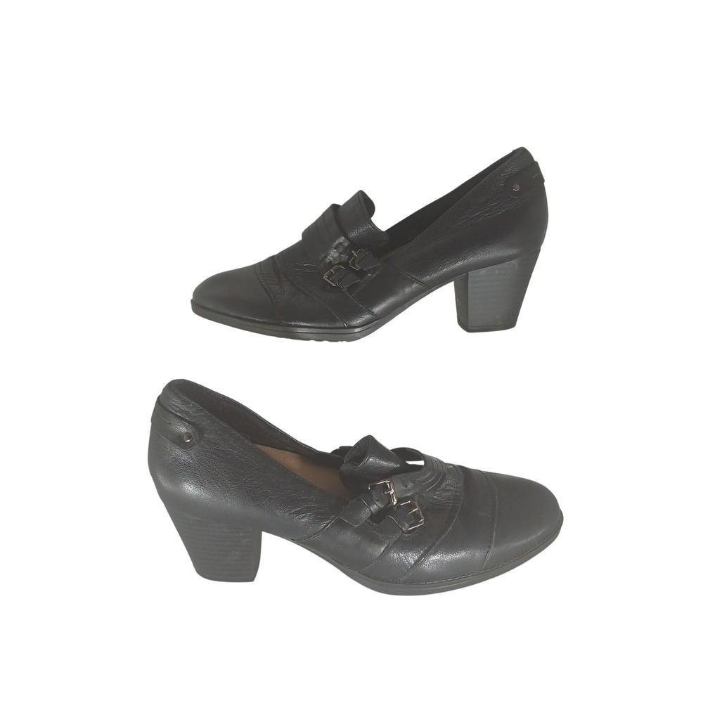 Earth Fia Pumps 9B Black Leather Buckle Block Heel Professional Shoes